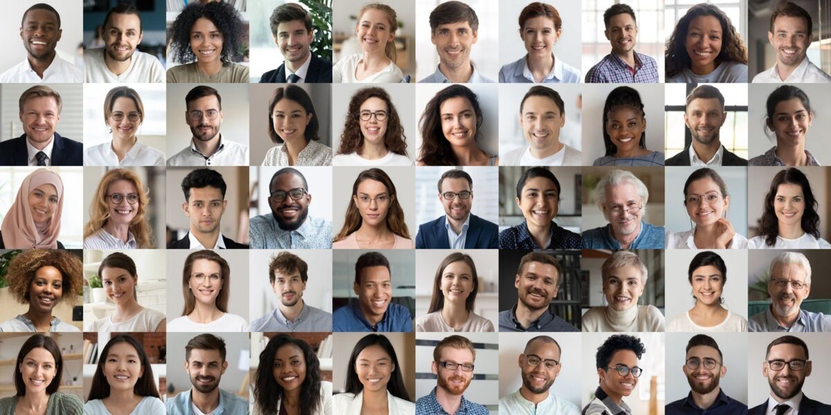 Many happy diverse ethnicity different young and old people group headshots in collage mosaic collec