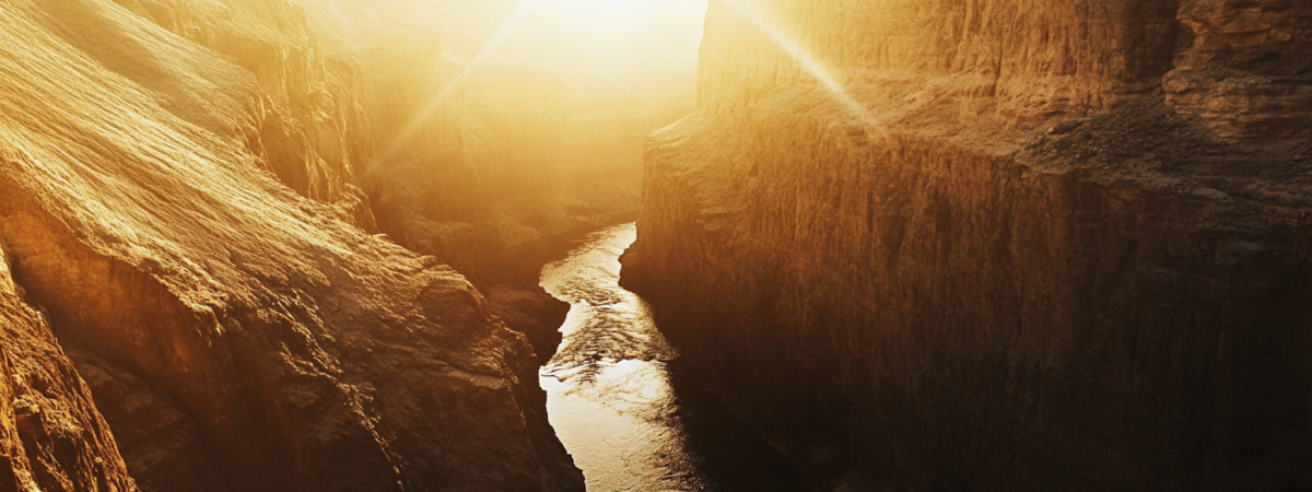 Sunset, canyon, river, steep cliffs, golden light, glowing landscape, dramatic nature scene, scenic 